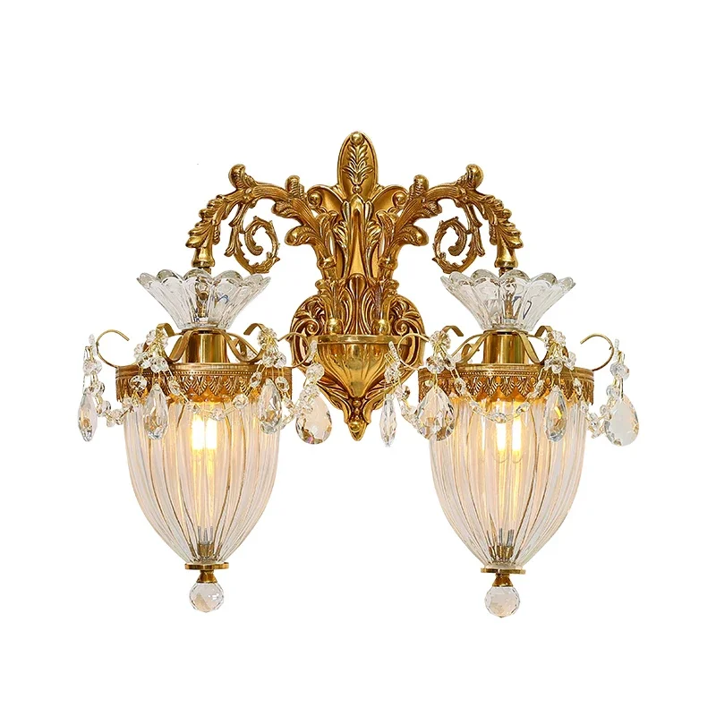 Rococo Indoor Lighting Antique Brass Wall Sconce Home Decoration Entrance Luxury Clear Glass Wall Lamp