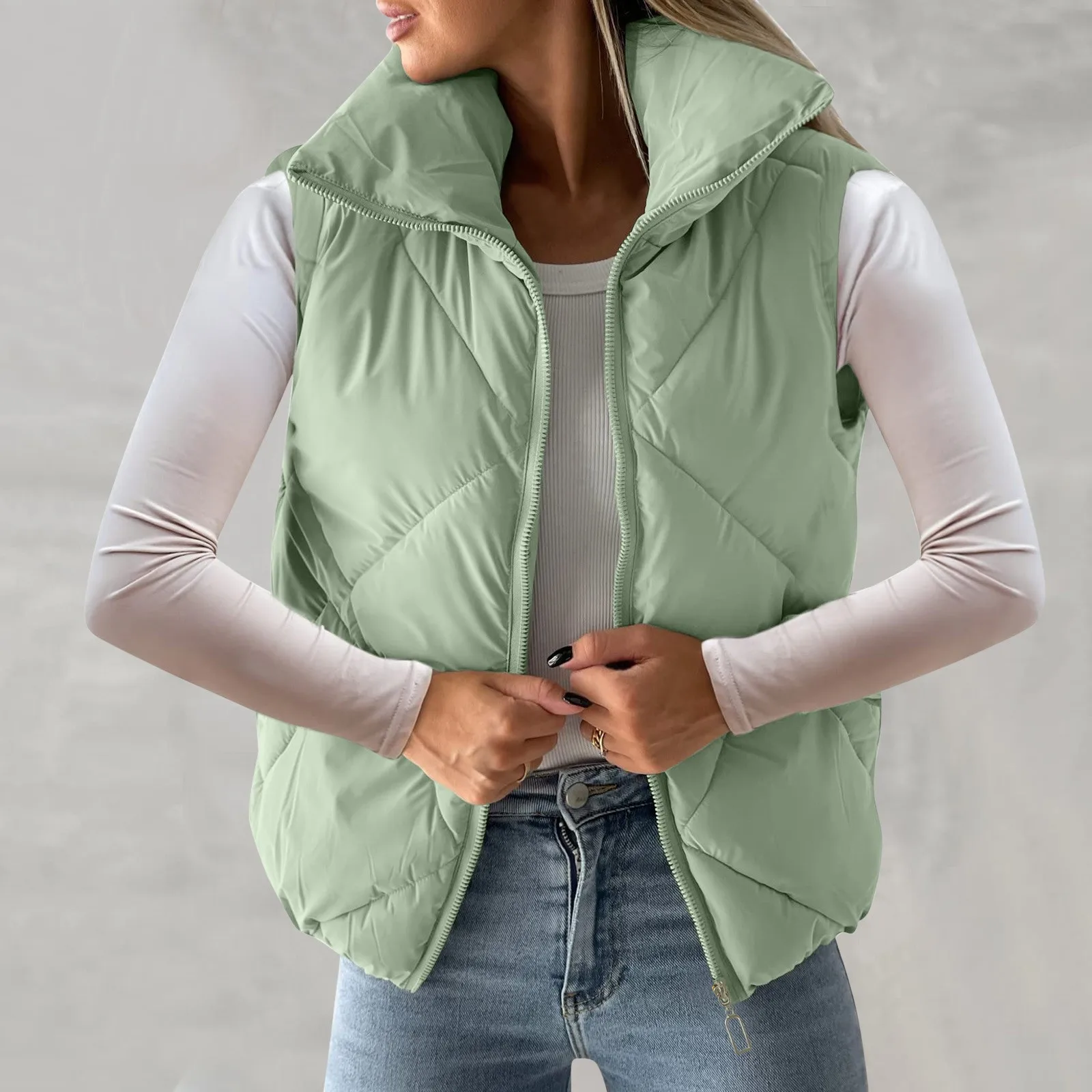 Women'S Padded Vest Quilted Jacket Ladies Zipper Sleeveless Waistcoat Autumn Winter Lightweight Comfortable Cotton Down Coats