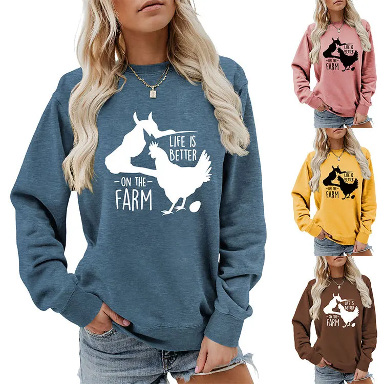 

Autumn new long-sleeved T-shirt hoodie life is better on the farm print loose crew neck casual blouse women's fashion pullover