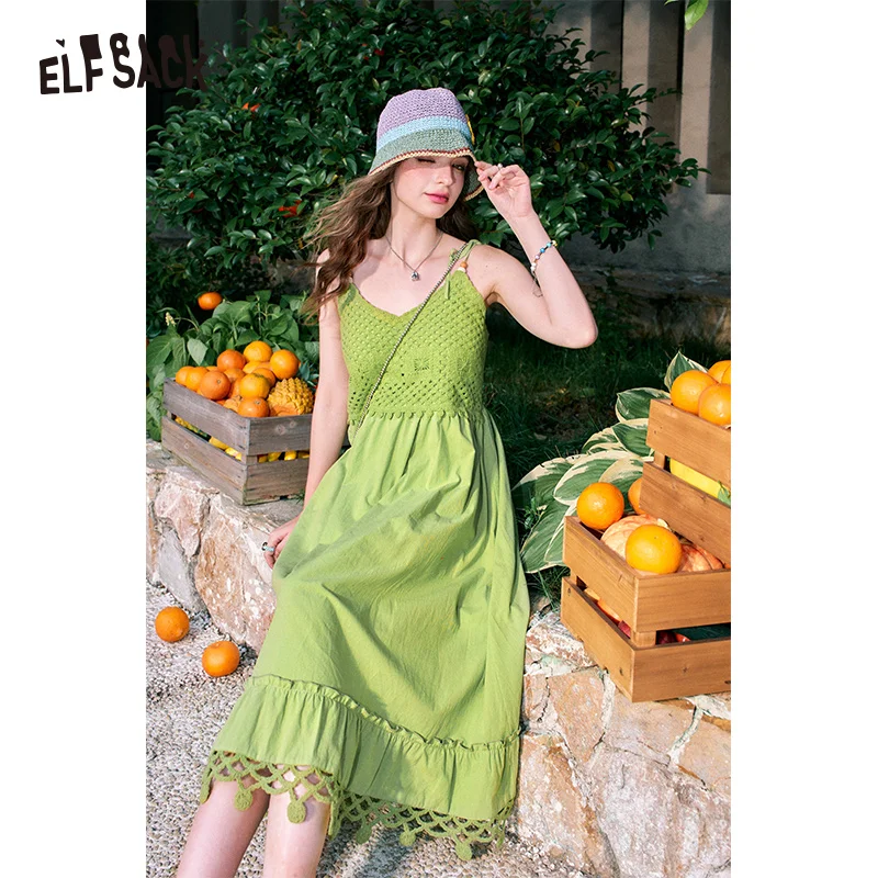 ELFSACK 2024 summer new arrival green hollow off-shoulder waist design holiday dress for women