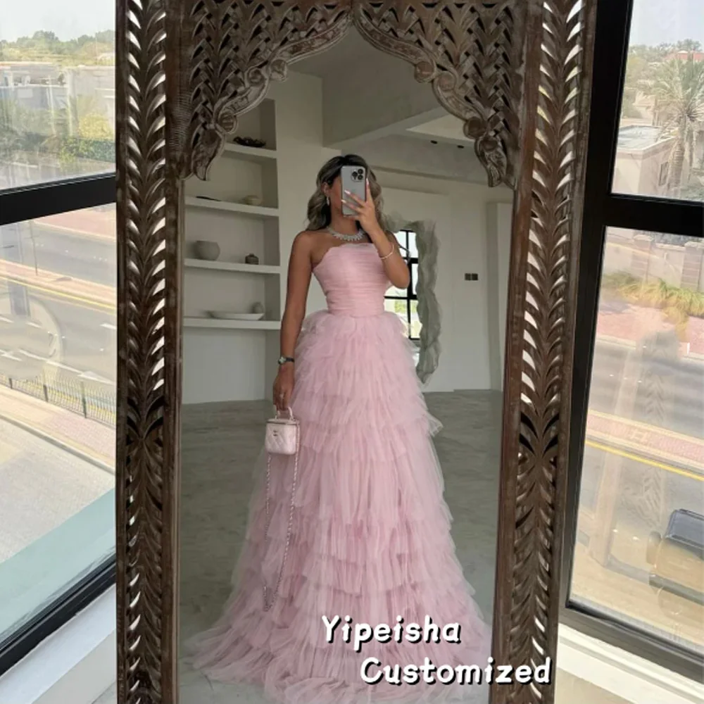 فستان حفلة موسيقية وردي مخصص على شكل حرف a بدون حمالات بطول الأرض وكشكشة فساتين سهرة فاخرة بدون أكمام لحفلات الزفاف #3
