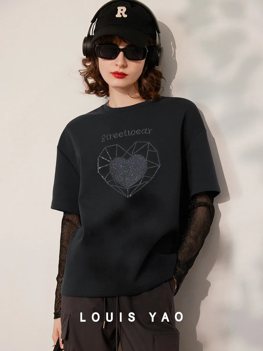 LOUIS YAO Women T-shirt Round Neck Long Sleeve Fake Two Pieces 2024 Spring and Summer Love Sequin Embroidery Tee Women's Top