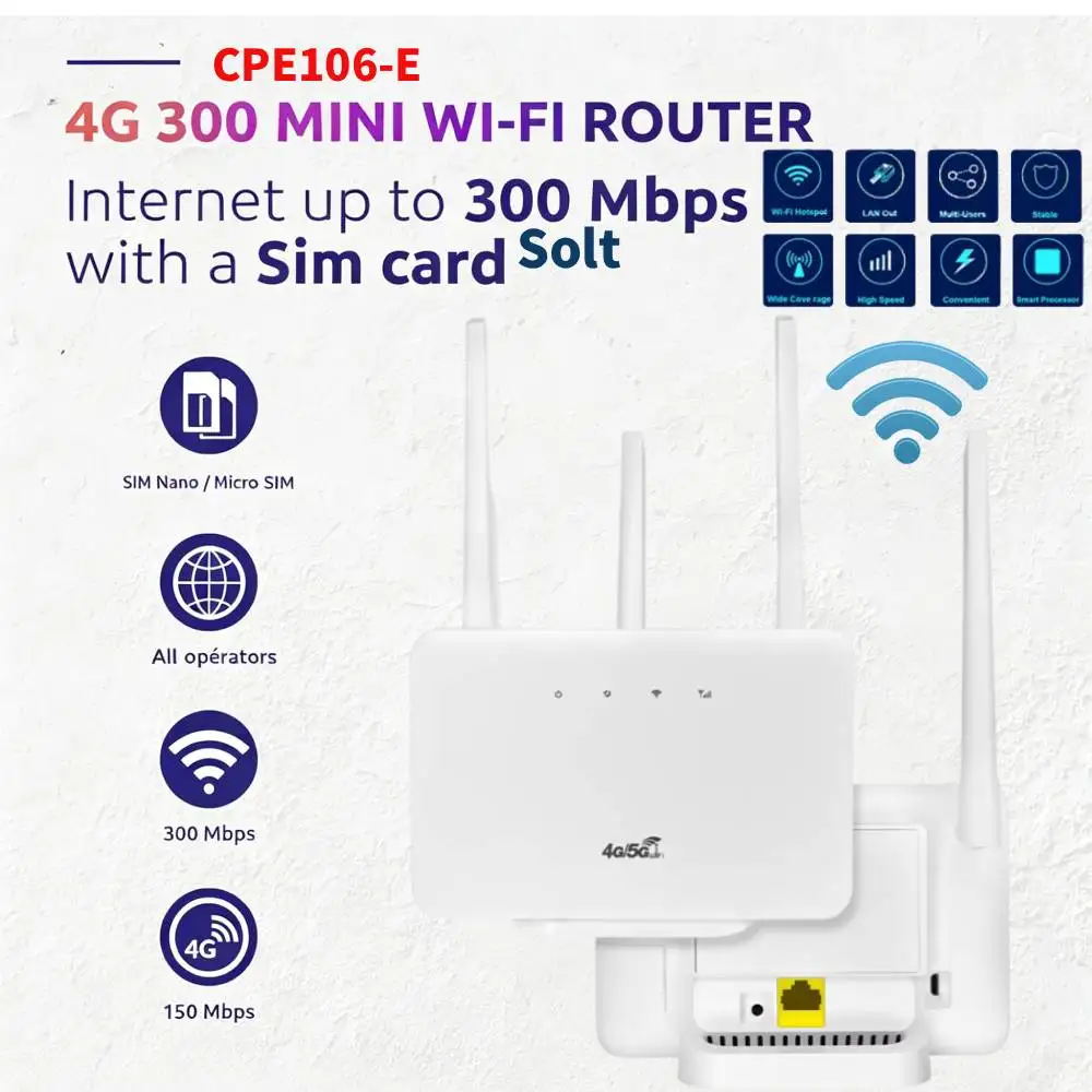 

4G LTE WiFi Router 300Mbps CPE106-E Wireless Router Modem Outdoor Travel Mobile Hotspot with Sim Card Slot & External Antenna