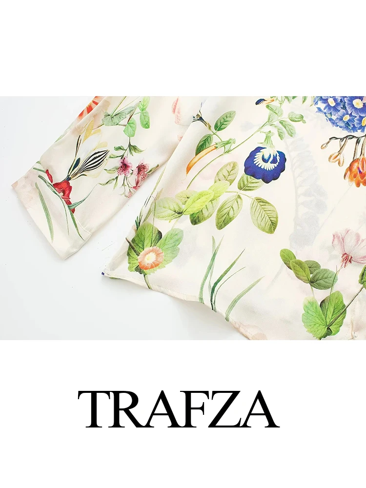 TRAFZA 2024 Women’s Fashion Flower Printed Satin Shirt Female Slim Single Breasted Turn Down Collar Casual Blouses Collar Shirts