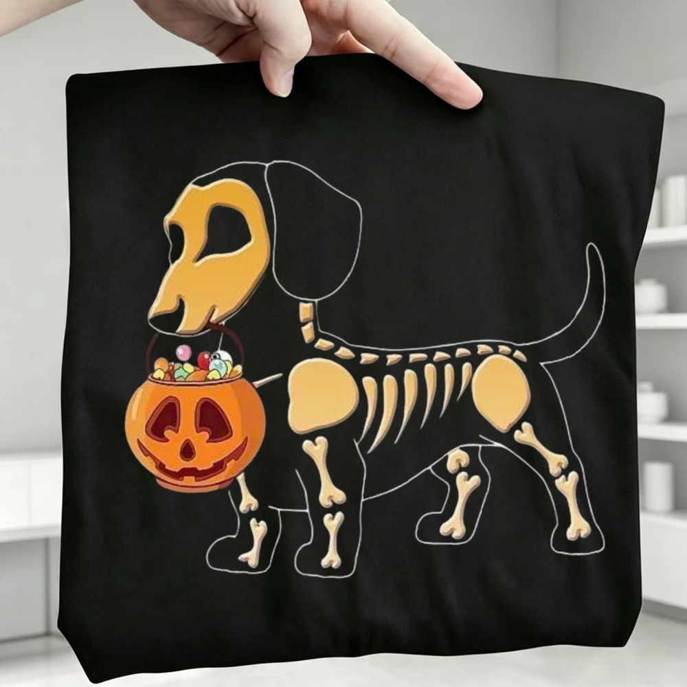 Dachshund Skeleton Candy Halloween Cotton Tshirt Sausage Dog Spooky Theme Casual Top Trick Treat Holiday Season Unisex Tees