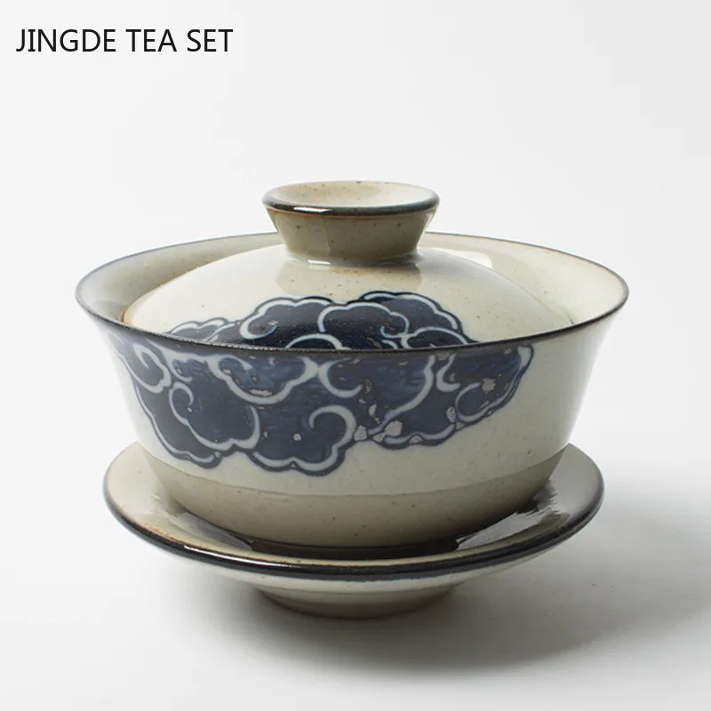 

Handmade Crude Pottery Tea Set Traditional Ceramic Gaiwan Teacup Chinese Antique Hand-painted Blue and White Tea Maker 140ml