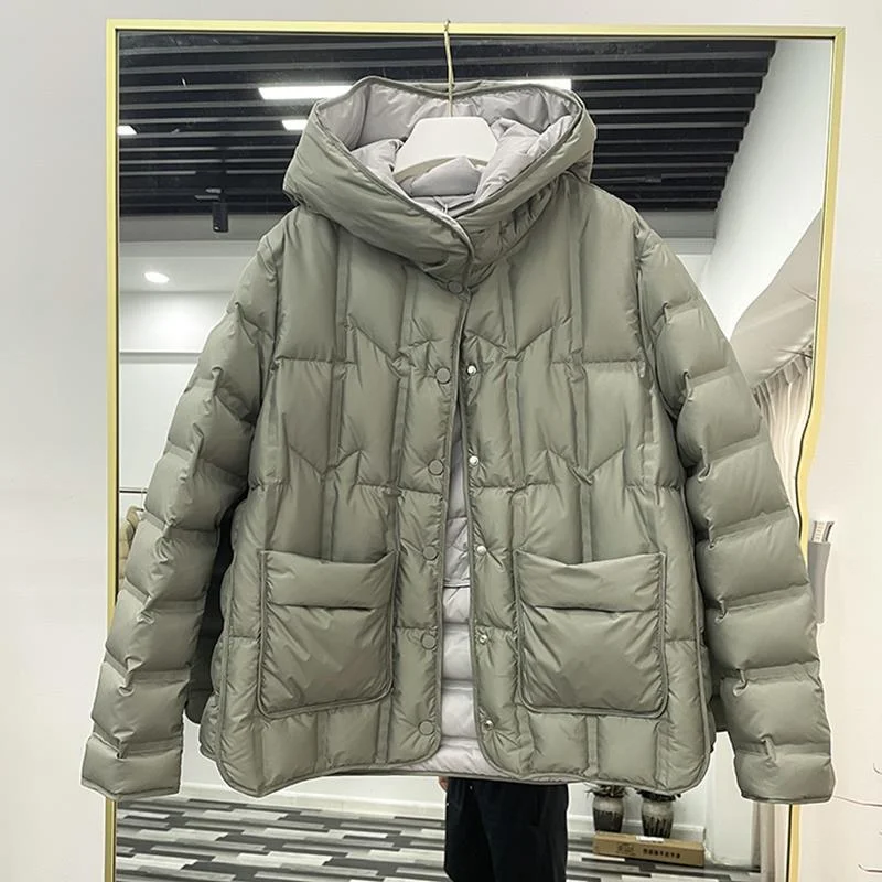 2024 Winter Women 90% White Duck Down Coat Female Stand Collar Single-Breasted Puffer Jacket Casual Loose Hooded Parkas Outwear