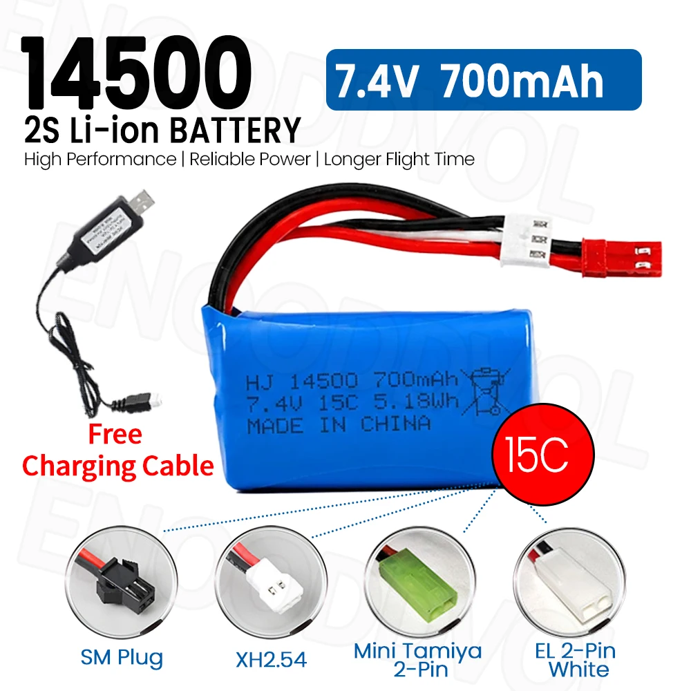 Airsoft Battery 14500 7.4V 700mAh Li-ion Battery 2S Rechargeable Battery for Anstoy Gel Blaster Gun WLtoys WPL D12 MN45 RC Car