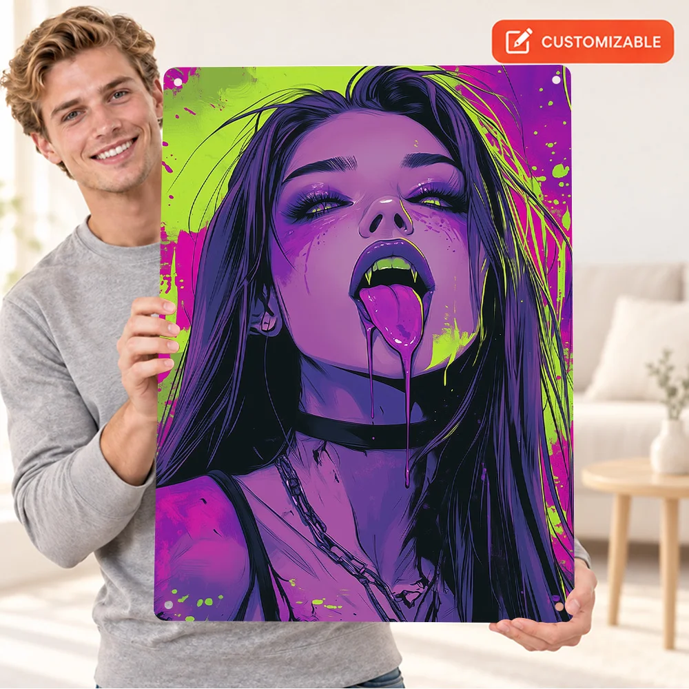 Vampire Girl With Dripping Tongue Aluminum Poster Customized Metal Sign Vivid Neon Digital Illustration Wall Art For Game Room