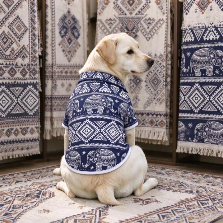 Boho Ethnic Elephant Geometric Print Pet Shirt, Light Breathable Lapel Button Clothes for Dogs Cats