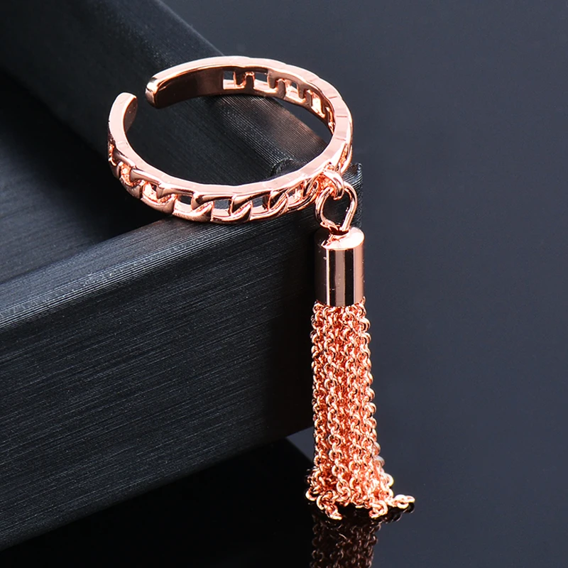 SINLEERY Punk Cool Tassels Drop Pendant Rings For Women Rose Gold Color Open Ring Fashion Wedding Accessories Jewelry JZ628