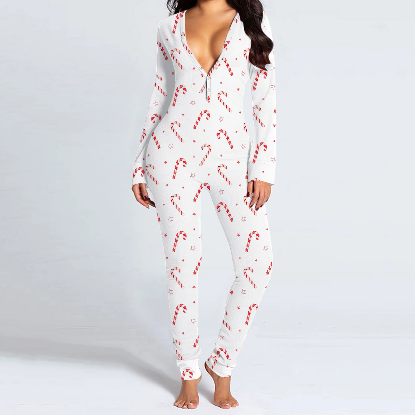HEZIOWYUN Women's Long Sleeve Jumpsuit Pajamas V Neck Christmas Themed Print Bodysuit Sleepwear Oneses with Drop Seat Butt Flap