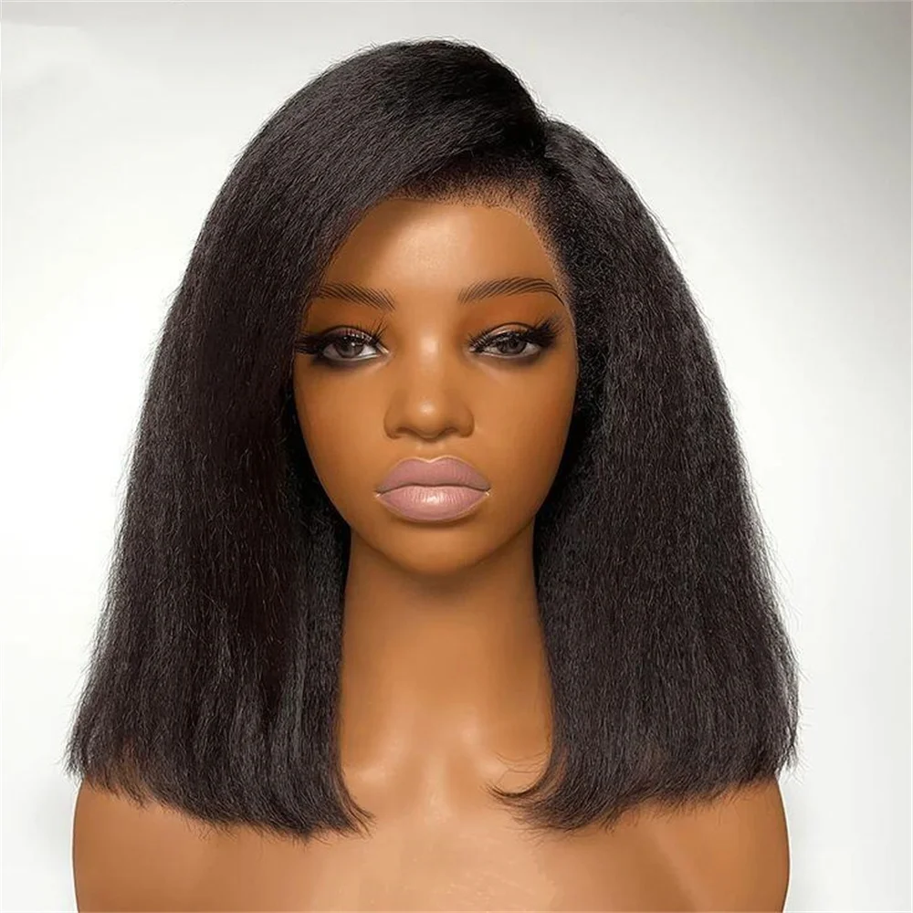 Soft Natural Black 16Inch 180% Density Short Cut Bob Kinky Straight Lace Front Wig For Women With Baby Hair Preplucked Glueless