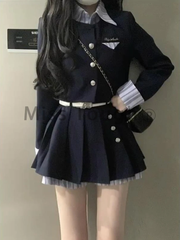 Winter Preppy Style Sweet 2 Piece Set Women Fake Two Piece Top + Mini Pleated Skirt Female New Chic Harajuku Slim Retro Set 2024