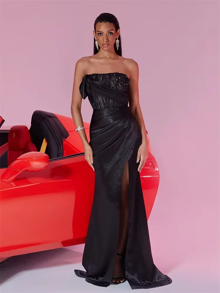 

Customized Black Evening Dress Women Strapless Shiny Tight Corset Formal Ball Gown Side Slit Backless Special Event Party Dress