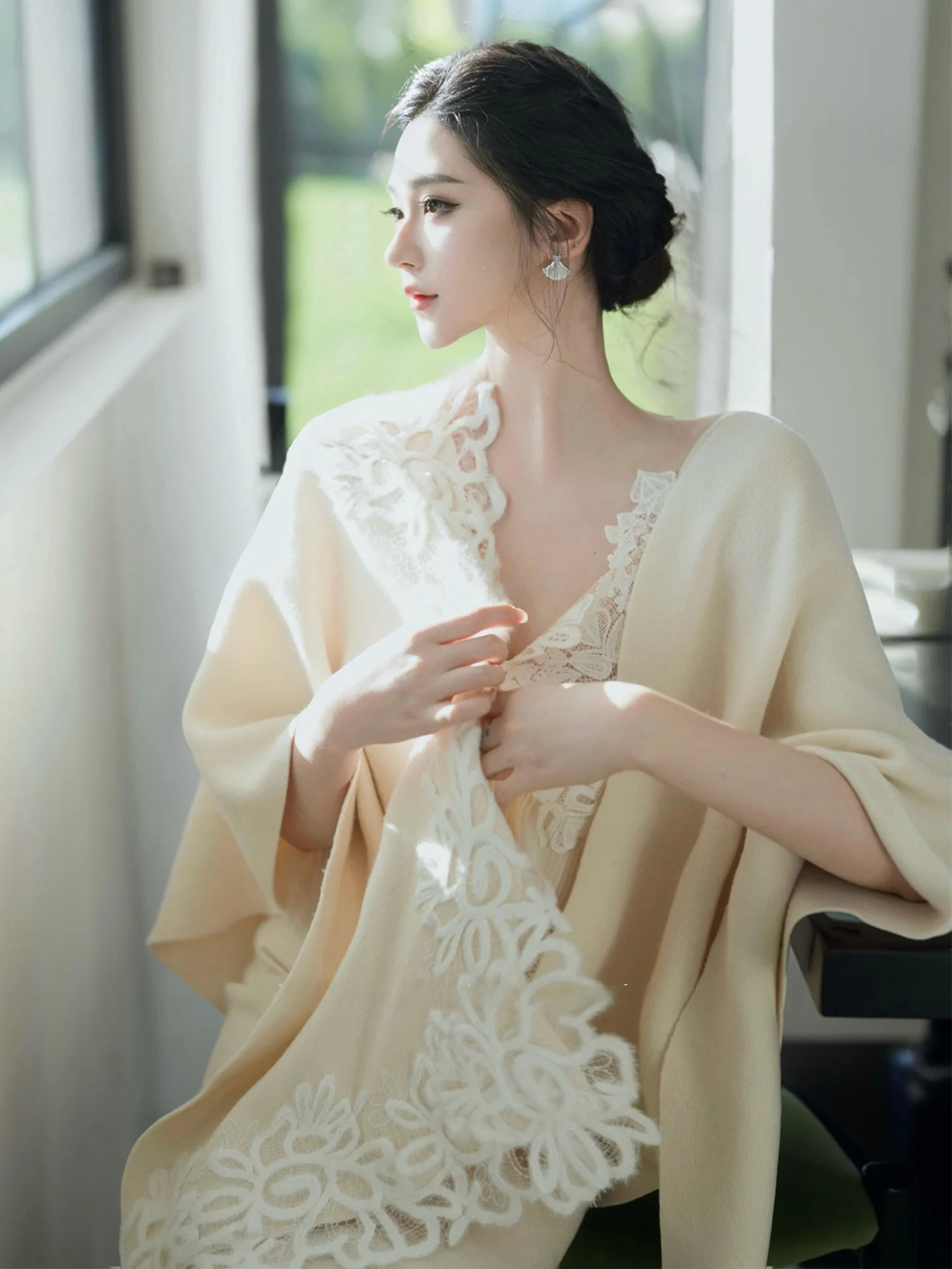 

Ele New Chinese Sle Women's Jaet Heavy Embroidery Lace Trim Fit Sweater Cardigan Soft Polyester Cotton Blend Long Sve