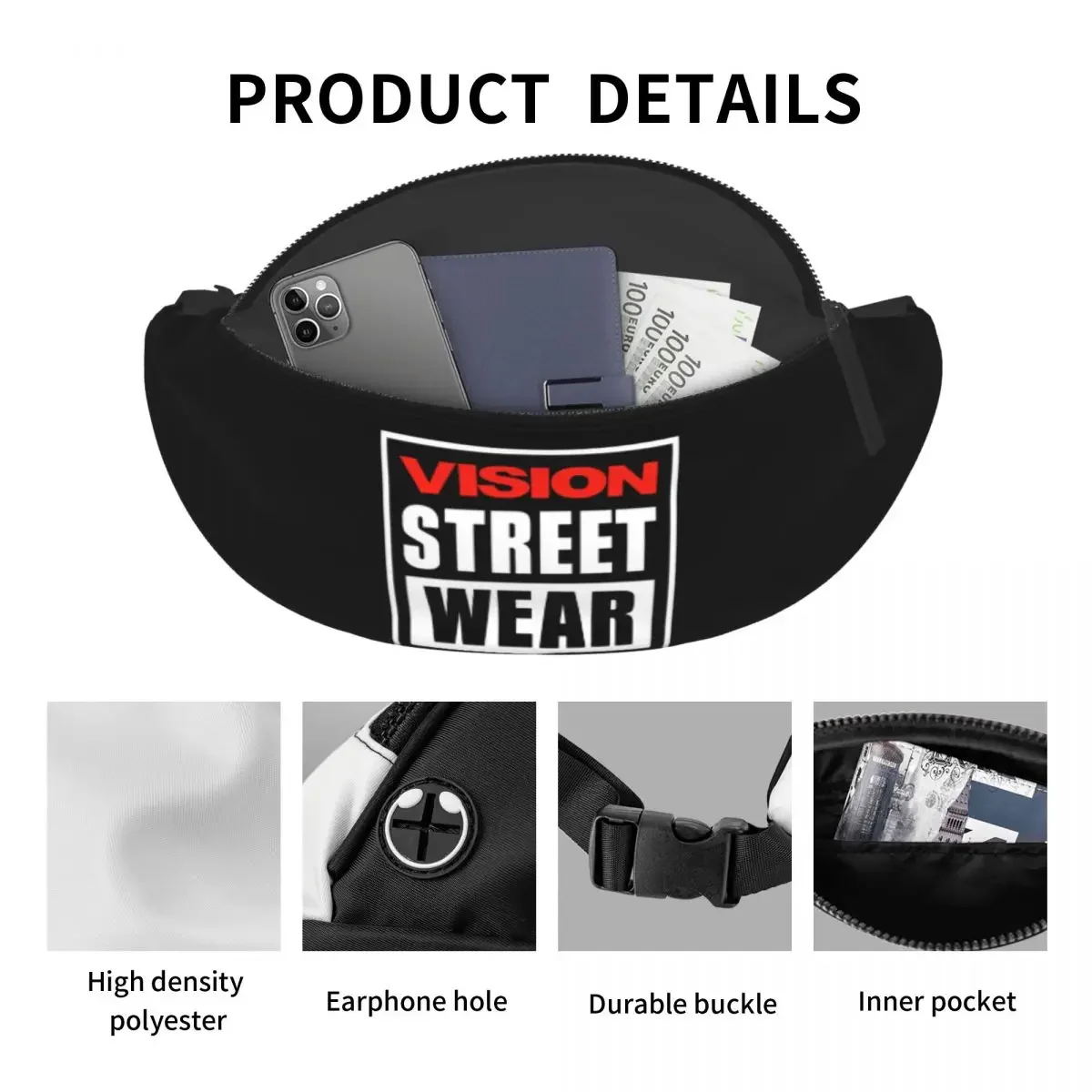 Bolsa de cintura crossbody para homens e mulheres, Street Wear Fanny Pack, Phone Money Pouch, Fashion Vision