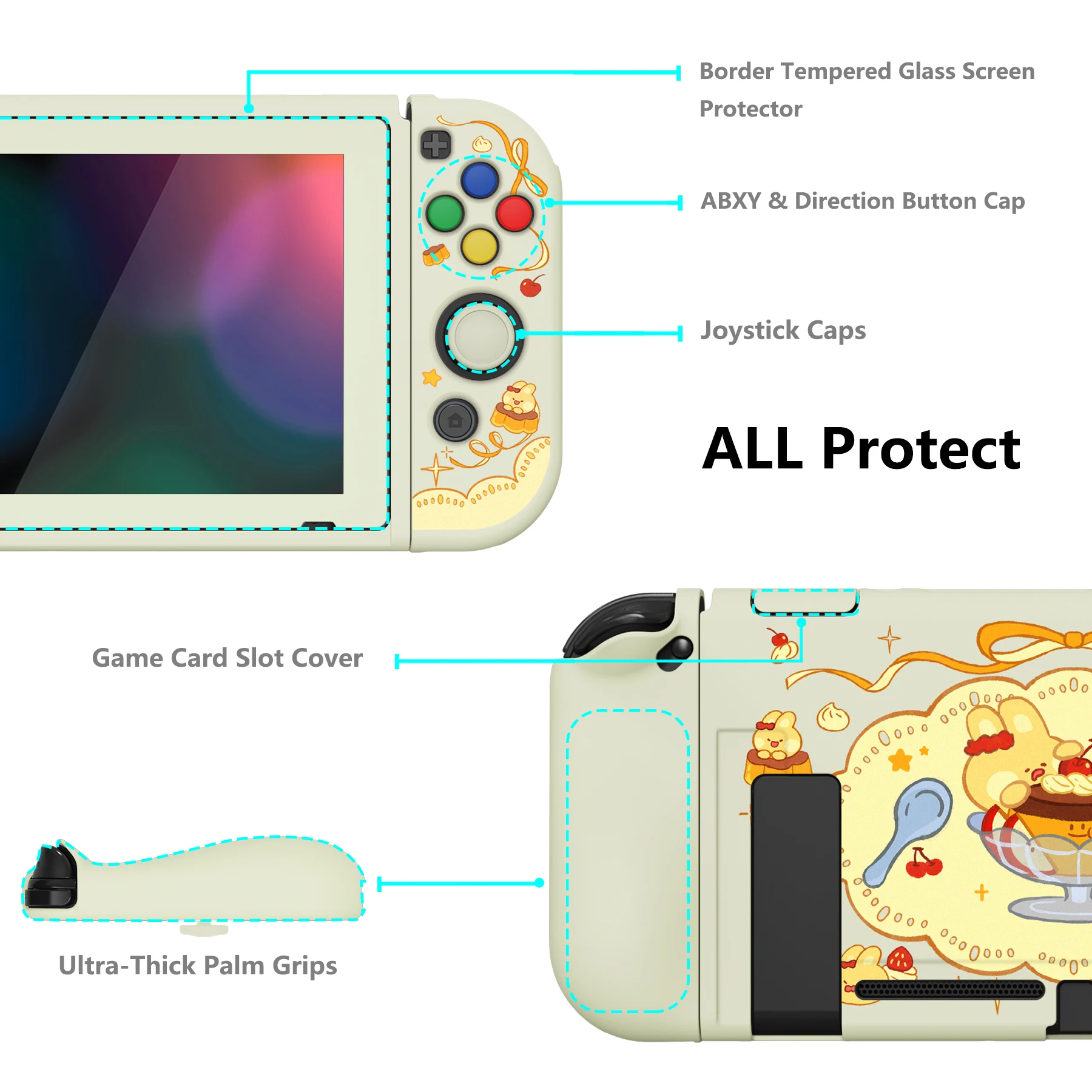 PlayVital ZealProtect Protective Soft Case Cover for Nintendo Switch with Glass Screen Protector & Thumb Grips - Pudding Rabbit