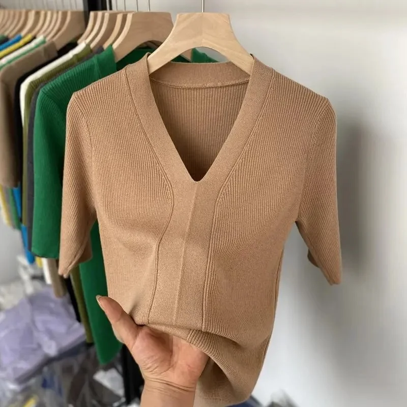 Thin Knit Tops 2026 Bottoming Shirts Women Sweater Short Sleeve V-neck Stripe Knitwears Slim Fit Shirt Korean Summer Pullovers