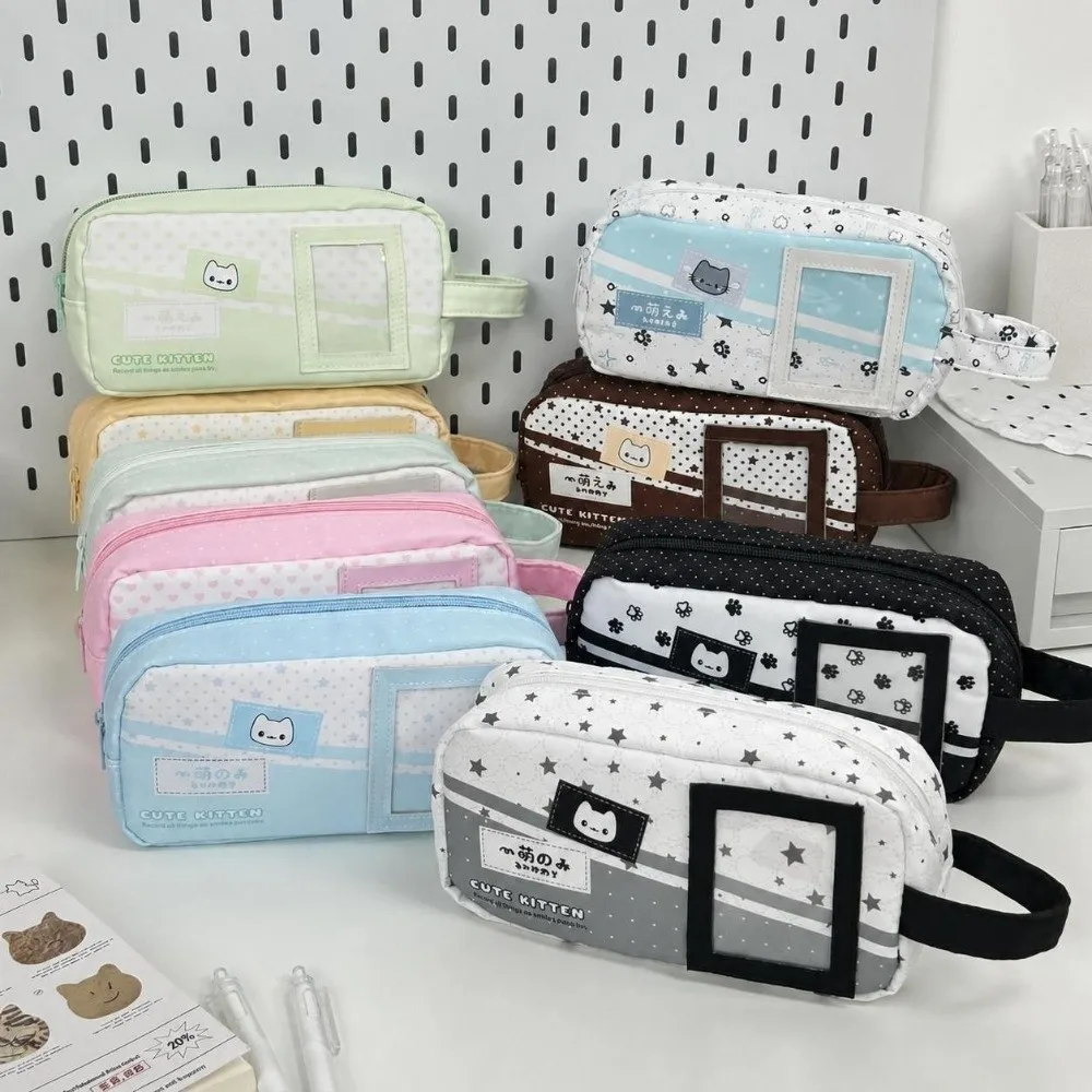 Polka Dot Kitten Print Pencil Case Multi Colors with Handle Pencil Pouch with Photo Window Large Capacity Stationery Bag