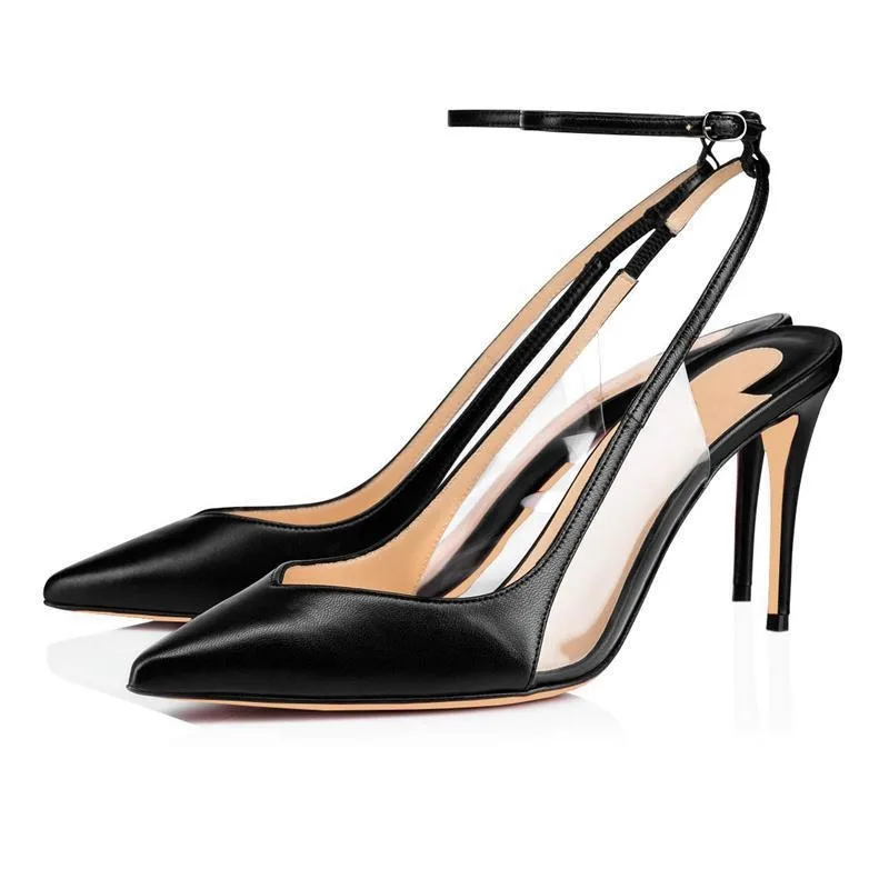 White Black Leather with Transpatent Pvc Thin High Heel Pumps Women Pointed Toe Ankle Wrap Party Dress Shoes Heels image 5