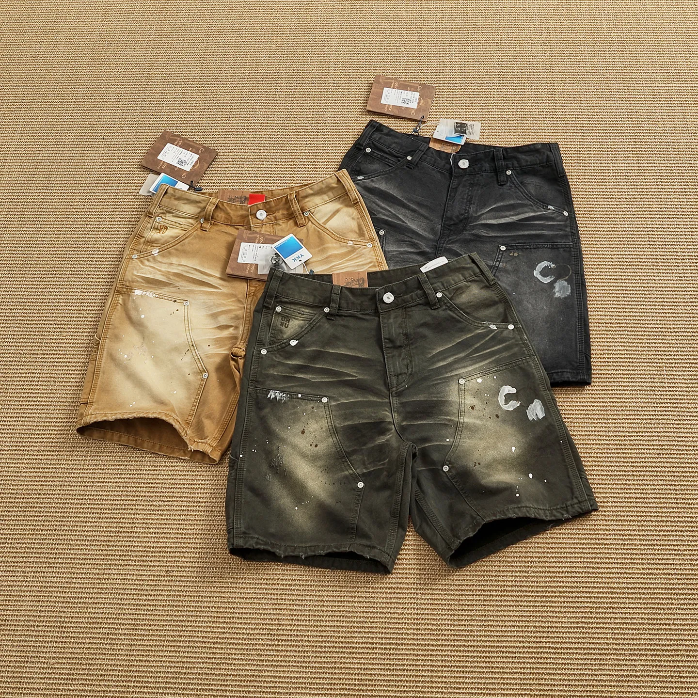 High quality American retro distressed work shorts men's cotton heavy wash denim shorts multi-pocket logging pants