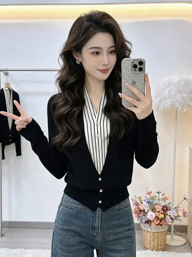 Korean Style Loose Fit Color Block Open Cardigan Versatile Casual Long Sleeve T-Shirt Outerwear Slimming Effect Popular Online