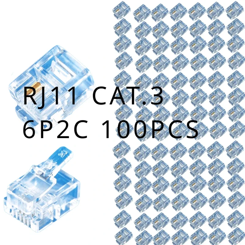 Conector Cat3 RJ11 Cat.3- 6P2C, enchufe de cabeza de cable modular, cabezal de cristal prensado para teléfono chapado en oro (100 piezas)