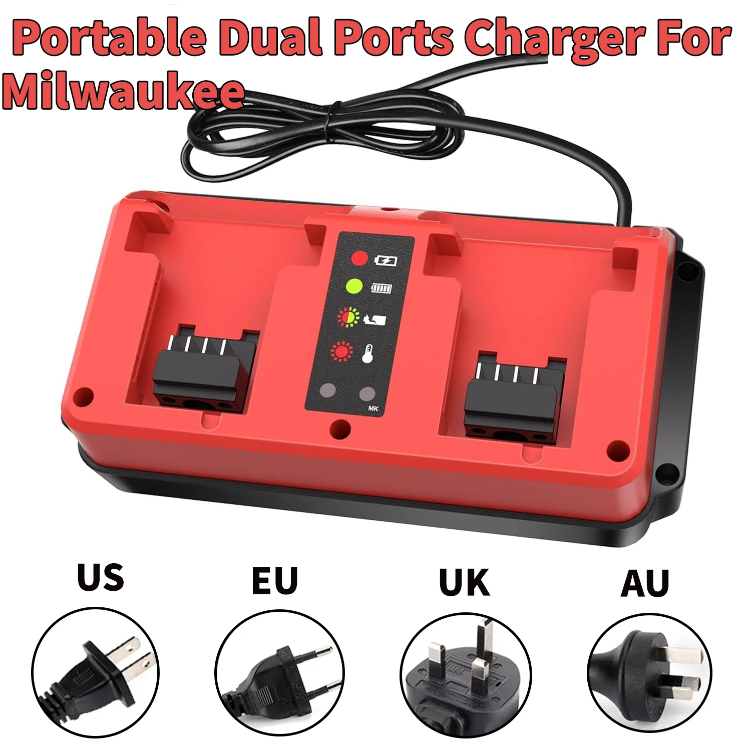 NOVO Carregador Portátil de Duas Portas para Bateria de Lítio Milwaukee 18V-20V com Plugue de Carregamento US/EU/UK/AU Carregador Rápido