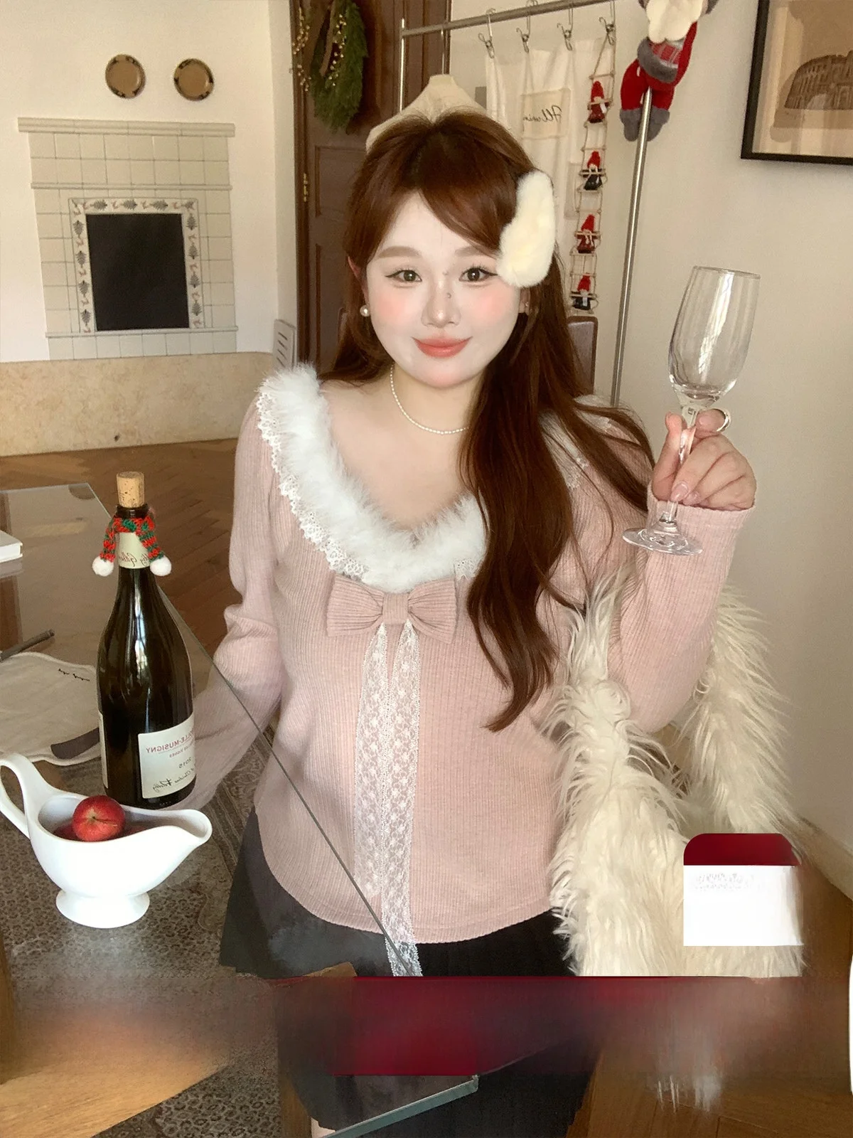 

Вязаный свитер больших размеров для женщин: модный розовый топ с шерстяным воротником, приталенный крой, для полных женщин, для повседневной носки, с длинными рукавами