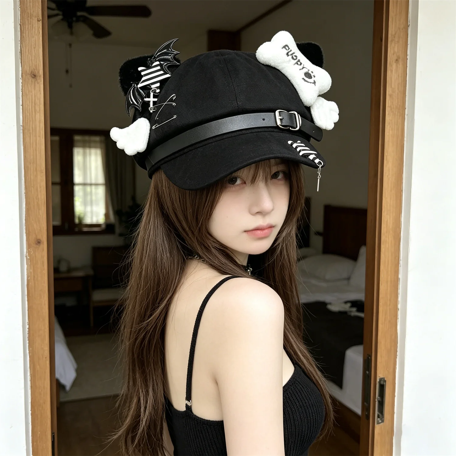 Y2K Devil Wing Angel Bone Decor Octagonal Beret Unisex Leather Buckle Safety Pin Street Fashion Outdoor Sun Hat for Men Women