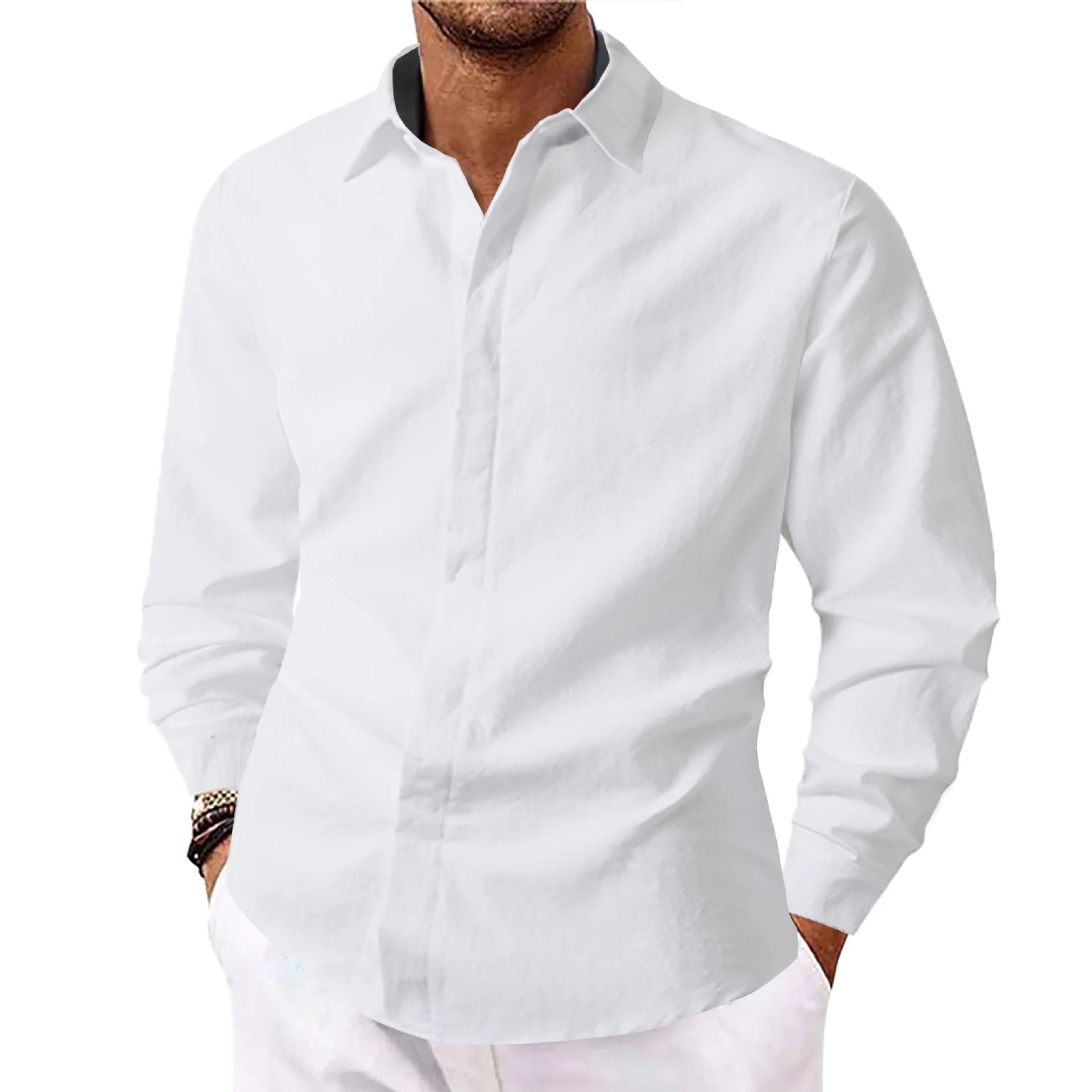 2026 Spring and Autumn Lapel Men's Simple Personality Solid Color Commuter Casual Long Sleeve Shirt