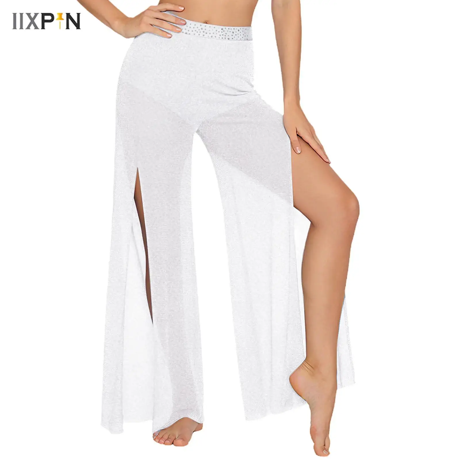 

Womens Shimmering Wide-Leg Dance Pants Lyrical Rhinestone Waist Mesh Pants with Built-in Briefs for Performance Competition