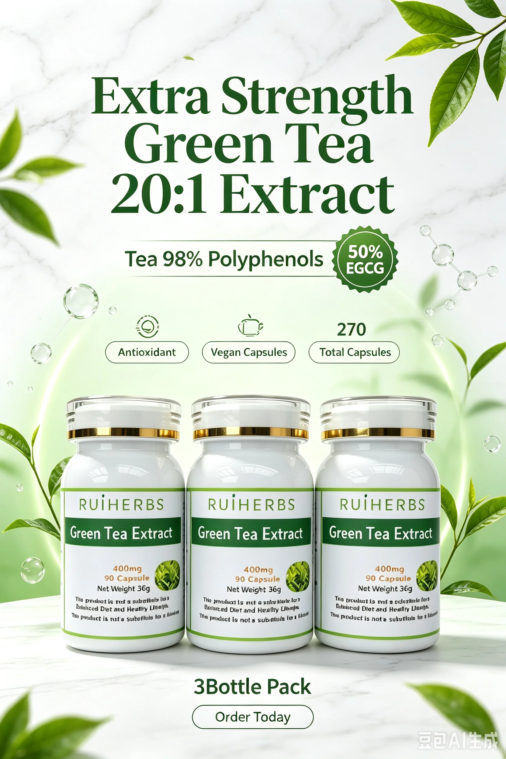 Extra Strength Green Tea 20:1 Extract, Tea 98% Polyphenols, 50% EGCG, 3Bottle 270 Vegan Capsules