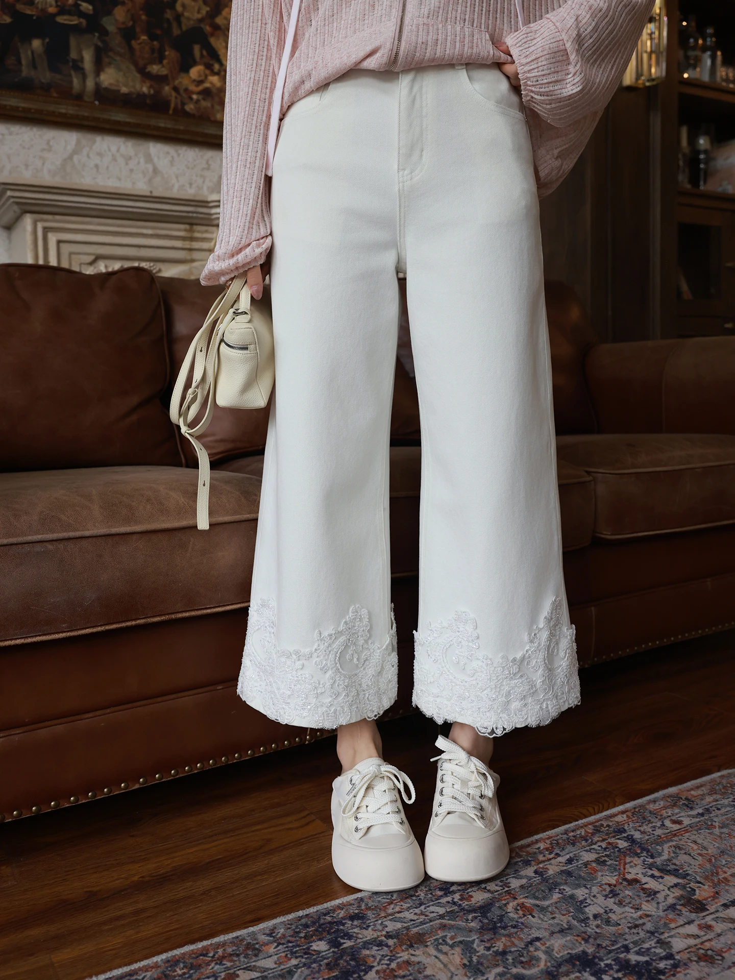 

High Waist Straight Leg Jeans White Cotton Stretchy Slimming Nine-Tenths Length Fitted Pants by ME for Women Spring Autumn