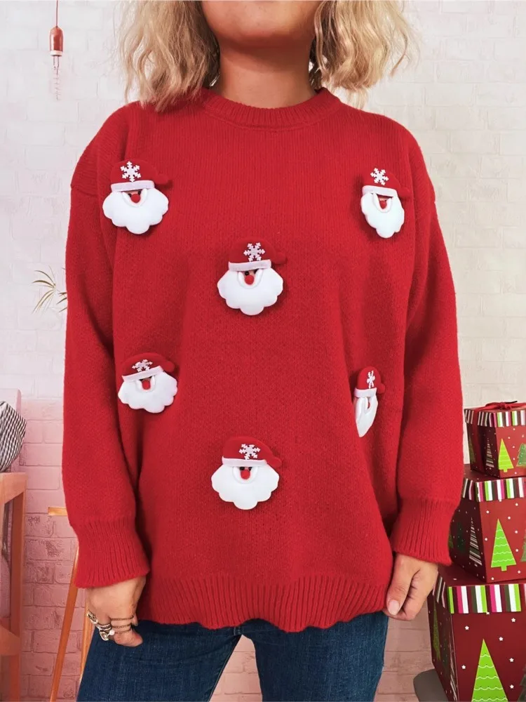 Women's Lazy Style Sweater Autumn Winter Christmas New Stitching Santa Claus Casual Warm Knitted Top Loose Round-neck Pullover