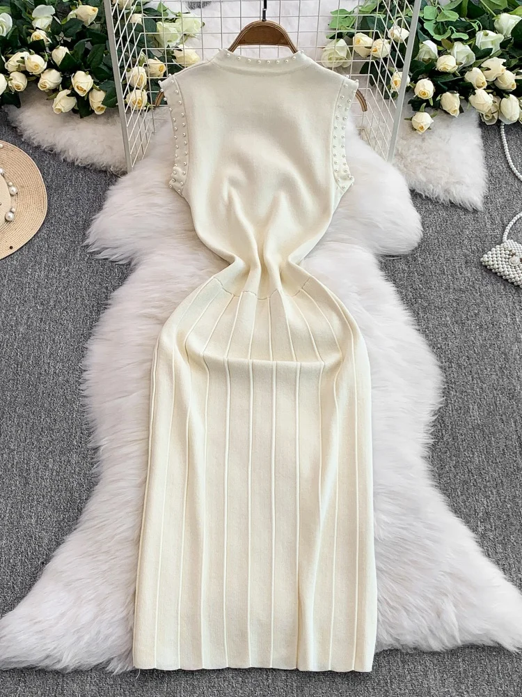 فستان أنيق محبوك بدون أكمام برقبة مستديرة للنساء فستان فاخر طويل بخصر مرتفع مزين بالخرز نحيف على الطراز الكوري للعمل