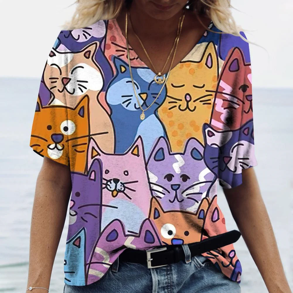 

Fashion Women's T-Shirt Cartoon Cat Print Summer V-Neck Short Sleeve Tees Kawaii Versatile Funny Trends Female Clothing Top