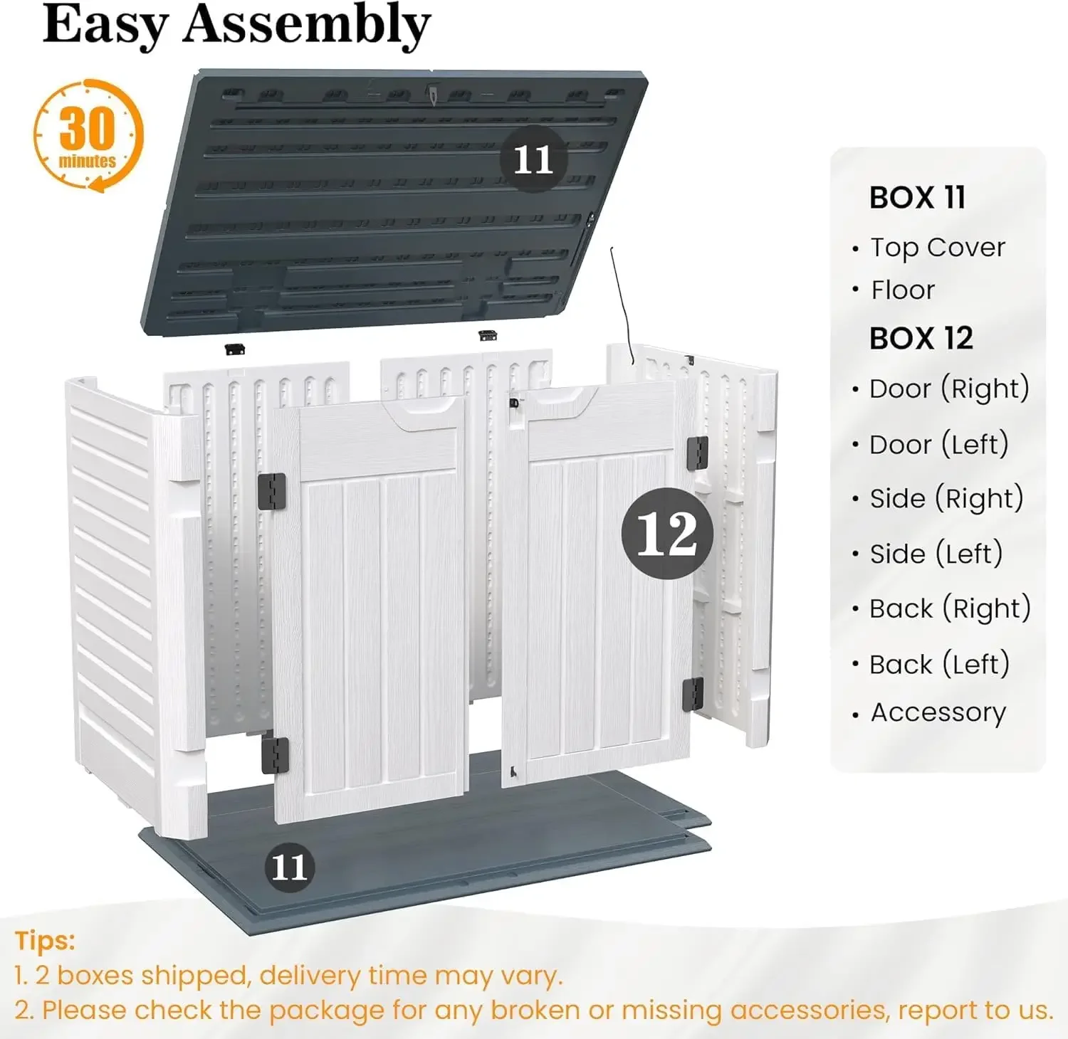 [무료 배송! 야외용 수납장 35큐빅피트, 레진 수평형 야외 쓰레기통 보관함 잠금 가능 창고 4 x 2피트 (쓰레기통용)