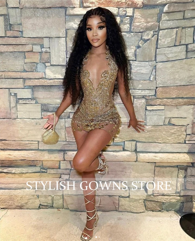 Sparkly Gold Sheer O Neck Short Prom Dress For Black Girl Beaded Crystal Diamond Birthday Party Dresses Mini Cocktail Customized