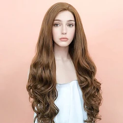 Karamell braune lange gewellte synthetische Haare 13x4 Spitze Front Perücken mit Babyhaar natürliche transparente Spitze Perücken für schwarze Frauen