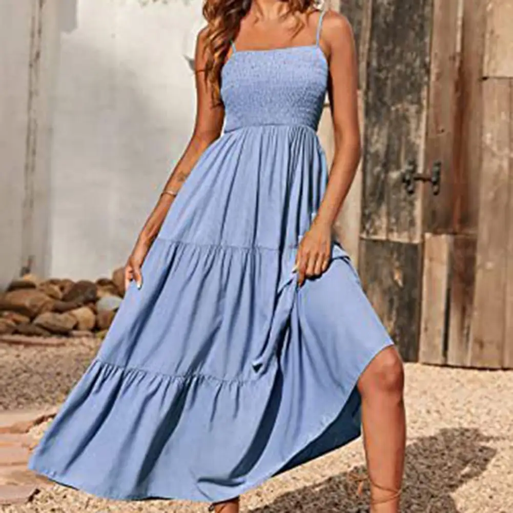 

Bohemian Vacation Casual Dresses For Women Summer Ruffle Layer Maxi Sundress Sleeveless Dress Strap Smocked Tiered Midi Dress