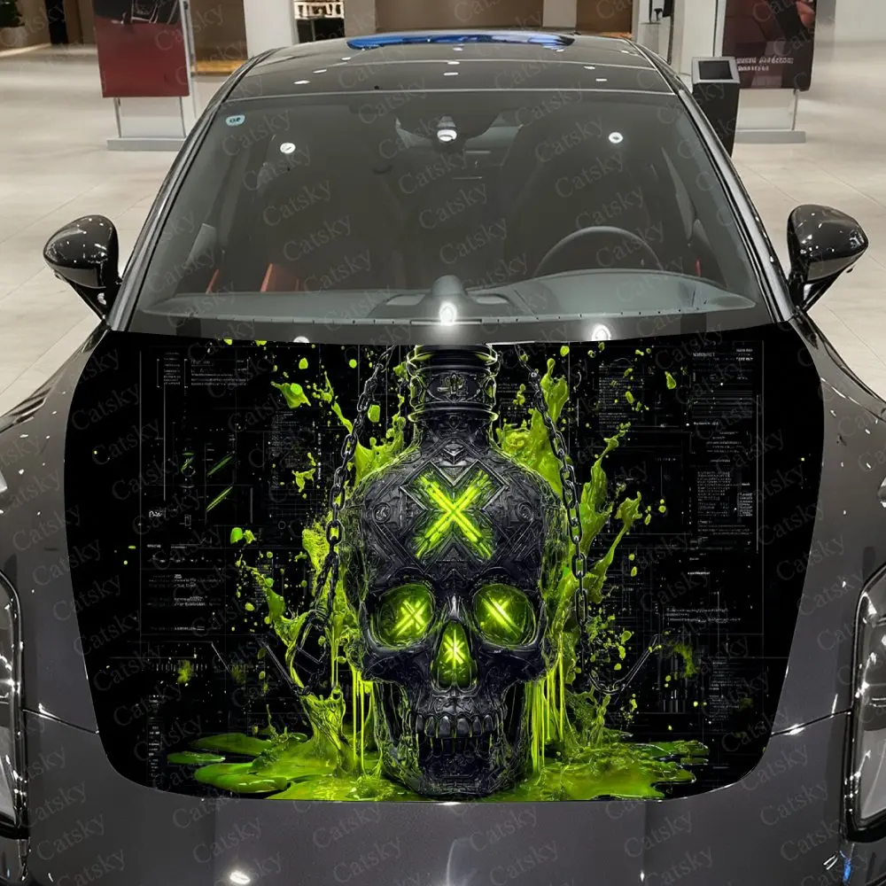 Neon Green Venom Wave Cyber Skull Car Vinyl Wrap, PVC Waterproof Car Hood Sticker, Self-Adhesive Scratch-Resistant Stickers