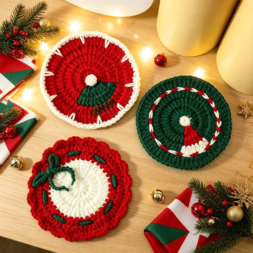 Christmas Handmade Crochet Coasters Xmas Tree Hat Bow Wreath Woolen Insulation Mats Desktop Drink Coasters Home Christmas Decor