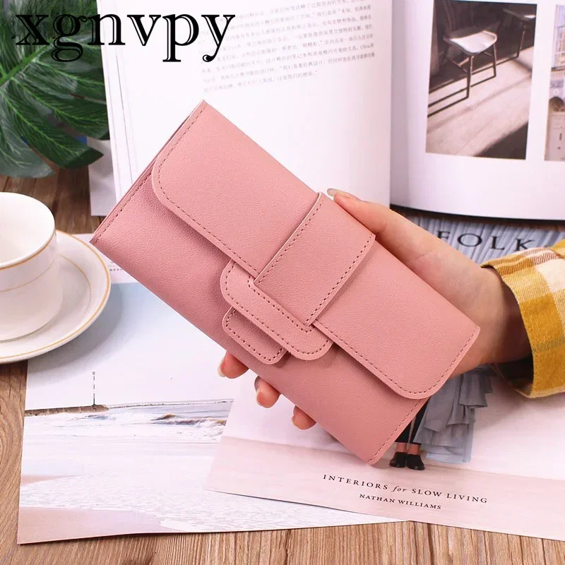 xgnvpy PU Leather Women Wallets Luxury Long Hasp Fold Over Pattern Coin Purses Feminine Solid Color Brand New Thin Clutch Bag