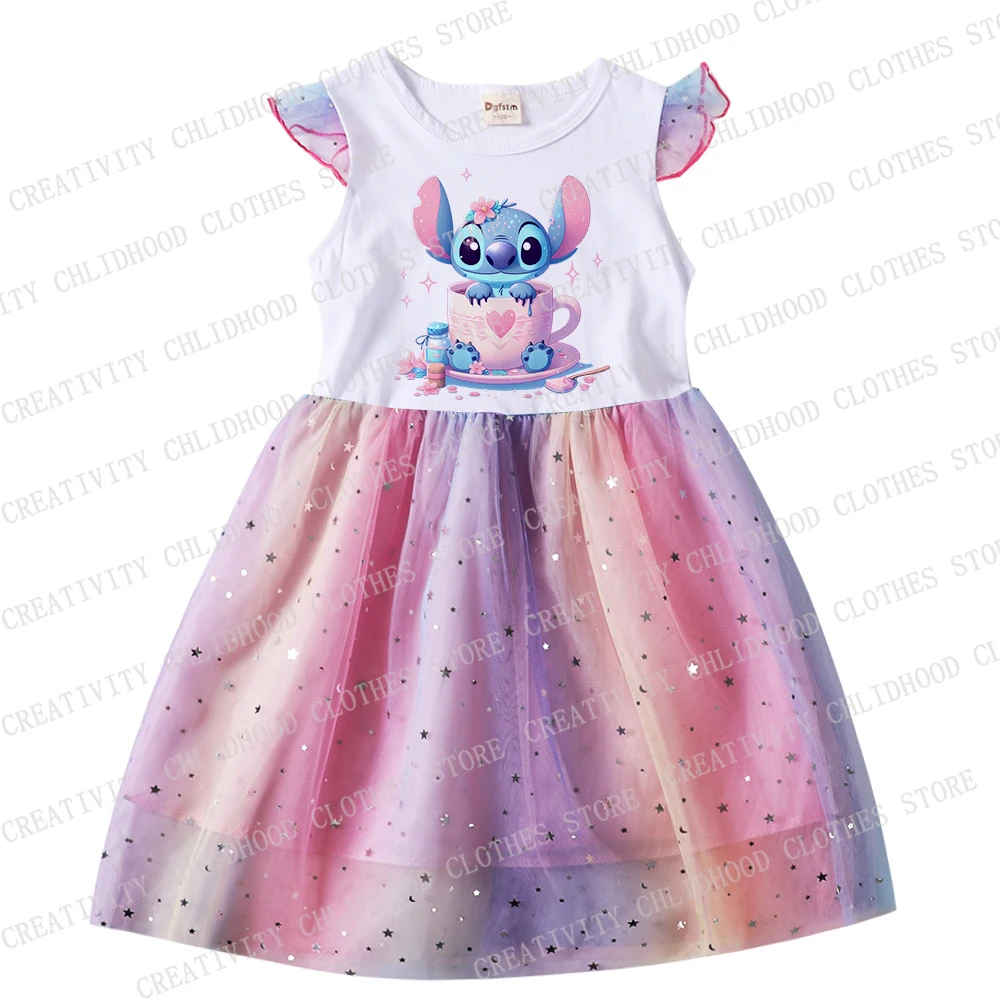 Stitch Girl Dress bambini Disney Kawaii Print Dresses Princess Cartoons abbigliamento Casual ragazze garza Flying Sleeve Kid Baby Gifts