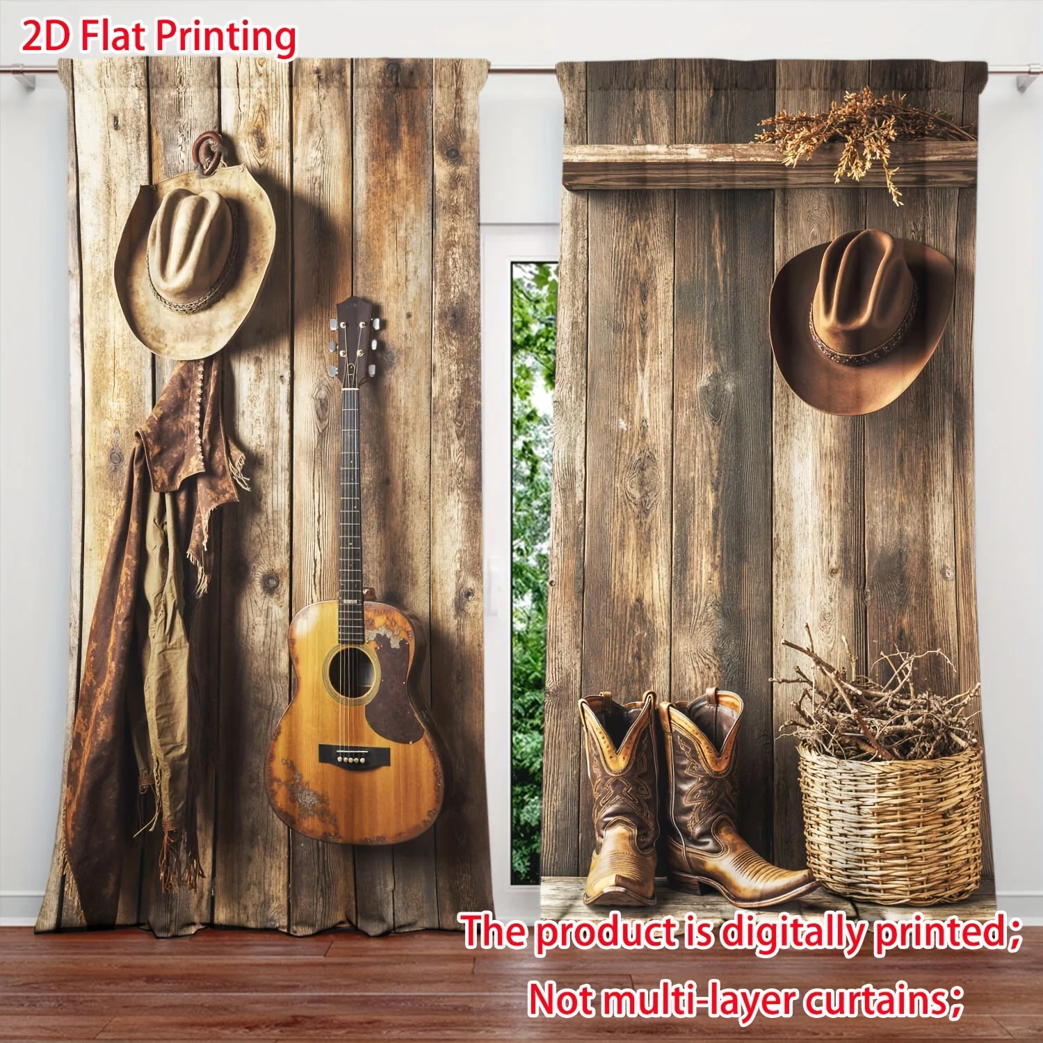 2D Flat 2pcs Cowboy Hat Curtains Guitar Boots Wood Wall Print Drape Western Style Living Room Window Treatment Rustic Home Decor