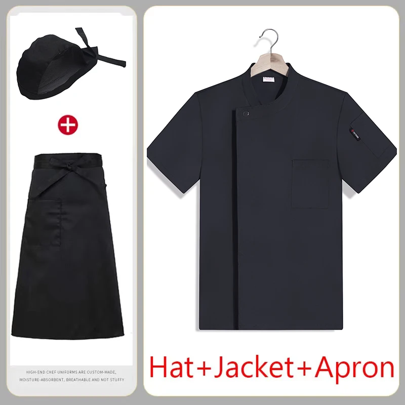 Summer Chef Uniform 3-Set Breathable Black White Restaurant Kitchen Work Clothes Food Service Bakery Shirt Apron Cap