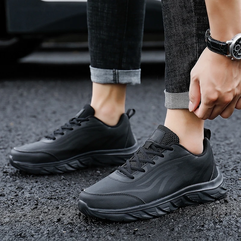 Leather Sports Shoes Comfort Running Shoes Outdoor Men\'s Gray Texture Upper Lace Up Round Toe 38-48 Large Casual Shoes