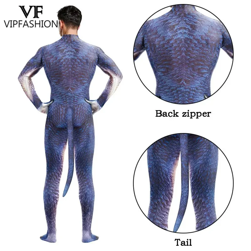 VIP fashion Halloween cosplay costume for male adult animal lizard print jumpsuits full cover elastic Zentai bodysuits with tail